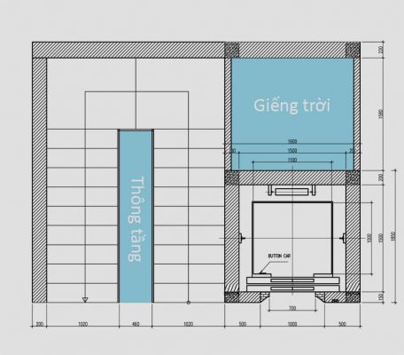 thang máy gia đình bố trí cạnh thang đi bộ và giếng trời